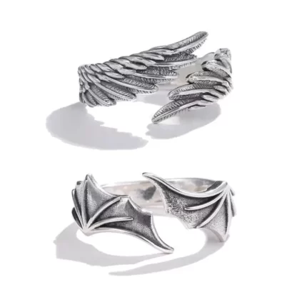 Zeta 65 Retro Angel Demon Wing Couples Rings Vintage Ancient Silver Adjustable Accessories