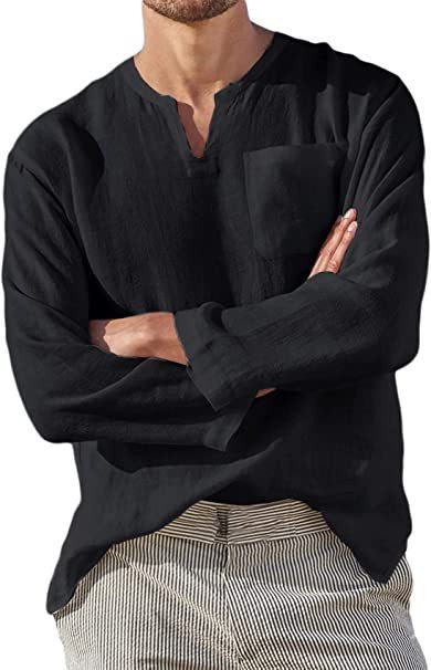 Hot Selling Men's Long Sleeve V-neck Casual Beach Linen Shirt For Men - Image 3