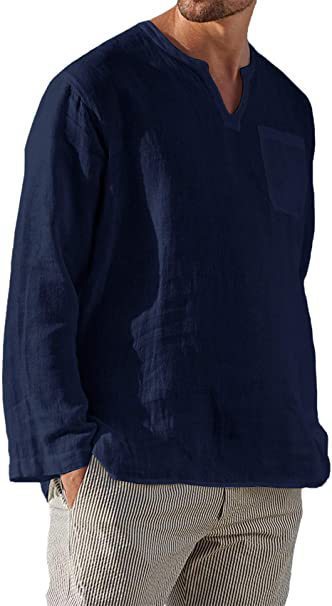 Hot Selling Men's Long Sleeve V-neck Casual Beach Linen Shirt For Men - Image 8