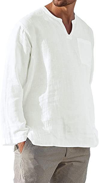 Hot Selling Men's Long Sleeve V-neck Casual Beach Linen Shirt For Men - Image 2