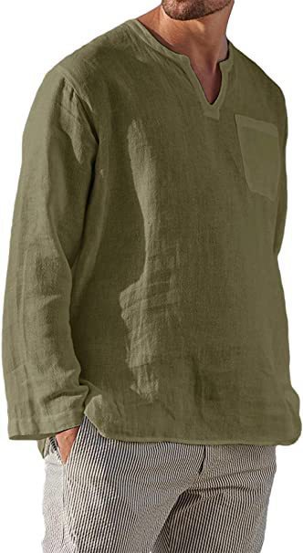 Hot Selling Men's Long Sleeve V-neck Casual Beach Linen Shirt For Men - Image 5