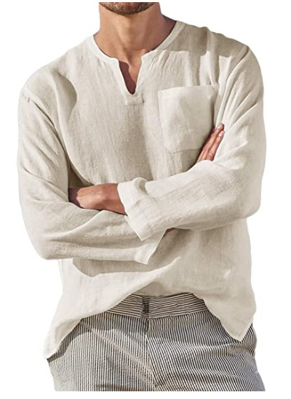 Hot Selling Men's Long Sleeve V-neck Casual Beach Linen Shirt For Men - Image 6