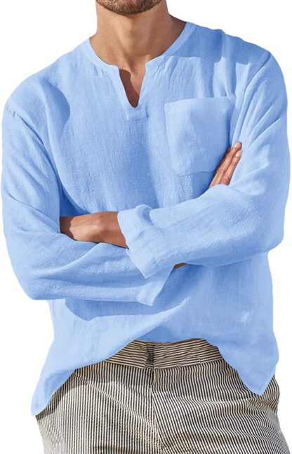 Hot Selling Men's Long Sleeve V-neck Casual Beach Linen Shirt For Men - Image 7