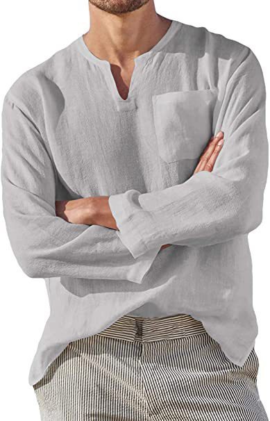Hot Selling Men's Long Sleeve V-neck Casual Beach Linen Shirt For Men - Image 4